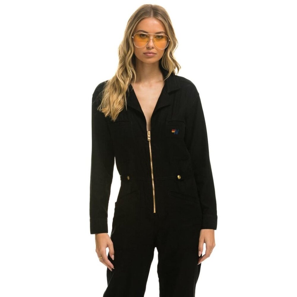 Aviation Black Utility Zip-Front Jumpsuit Gold Hardware XS - Picture 4 of 8